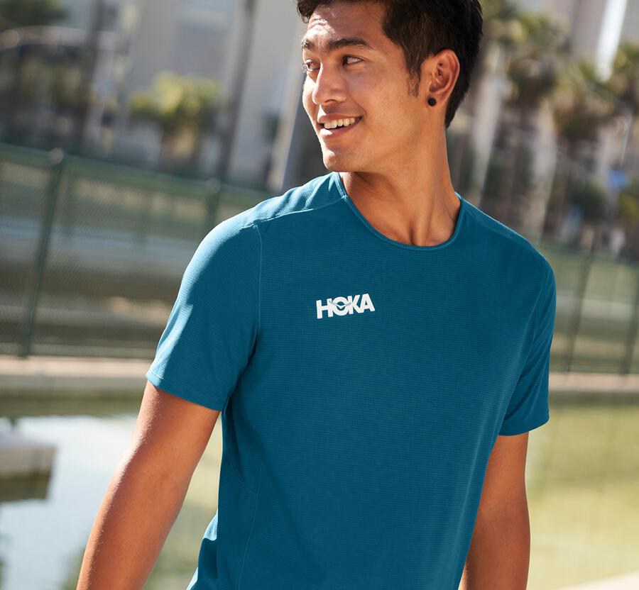 Hoka One One Top Erkek Mavi - Performance Short Sleeve - DA9682143